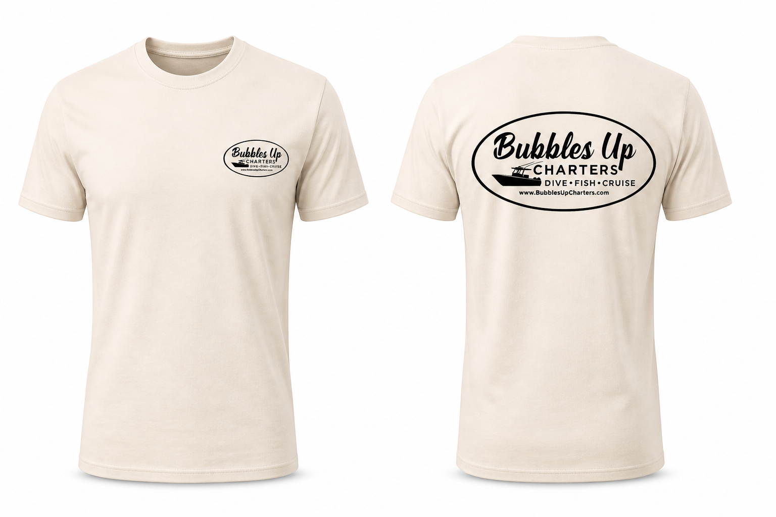 White Tee with BU Charters logo in Navy on left chest and full Back 