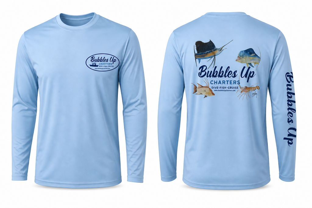 Light blue long-sleeve shirt with 'Bubbles Up Charters' branding on a white background