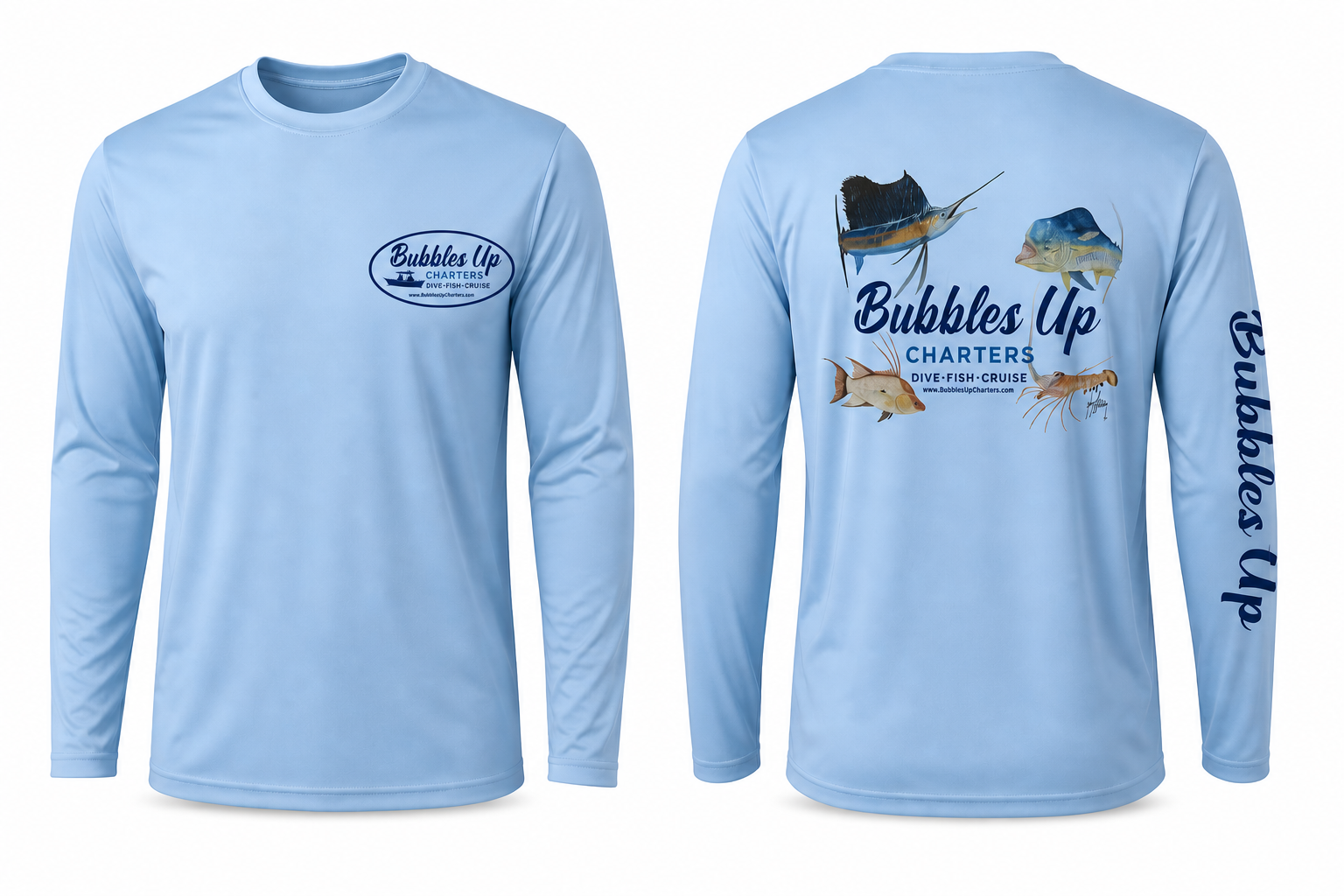Light blue long-sleeve shirt with 'Bubbles Up Charters' branding on a white background