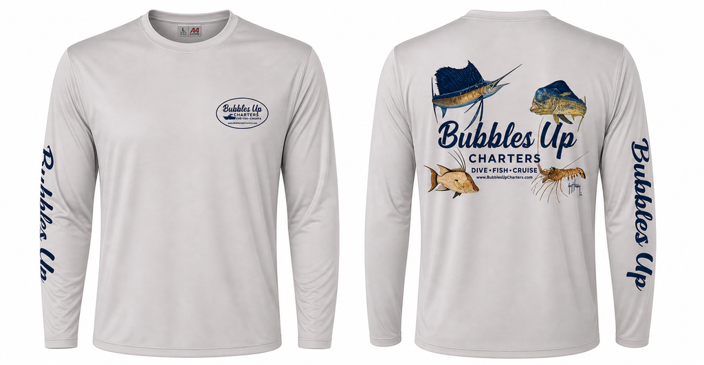 Two long-sleeve fishing shirts with 'Bubbles Up Charters' branding and graphics on a white background.