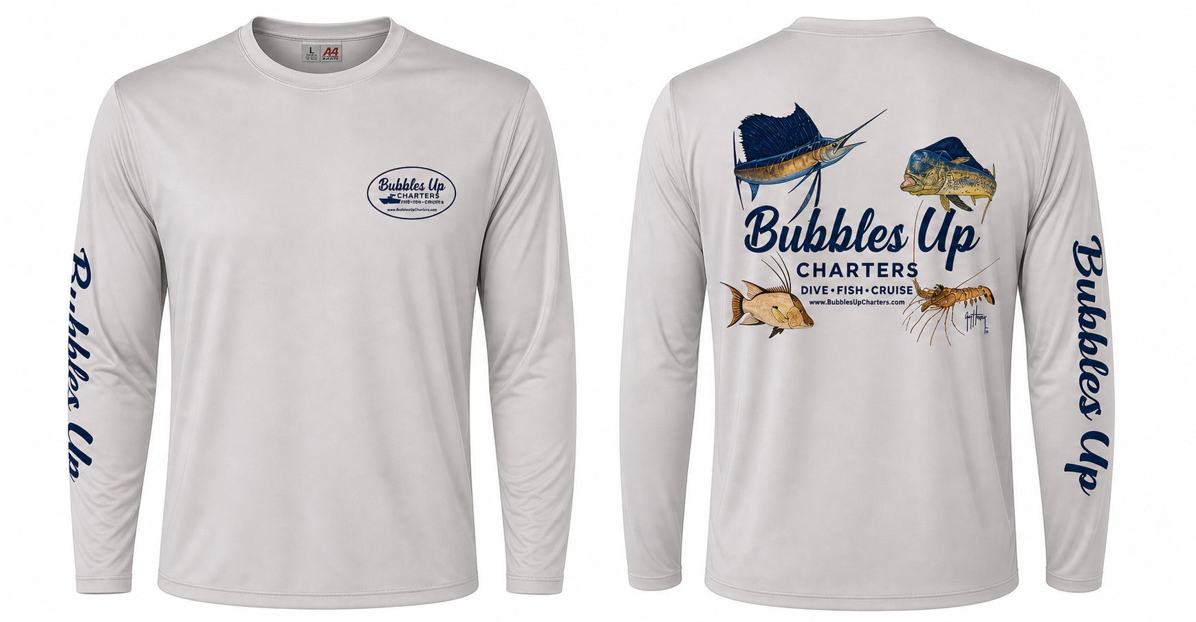 Two long-sleeve fishing shirts with 'Bubbles Up Charters' branding and graphics on a white background.