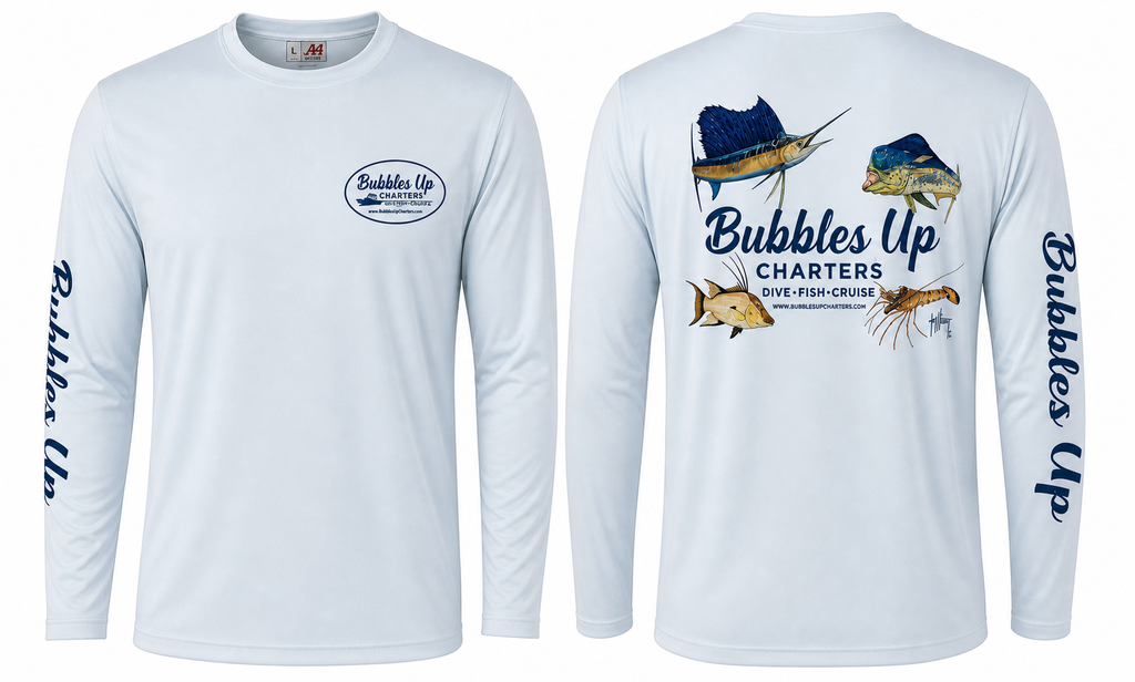 White long-sleeve shirt with fishing-themed graphics and 'Bubbles Up Charters' text on a plain background.