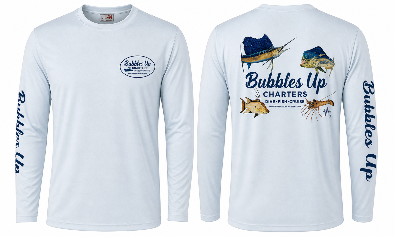White long-sleeve shirt with fishing-themed graphics and 'Bubbles Up Charters' text on a plain background.