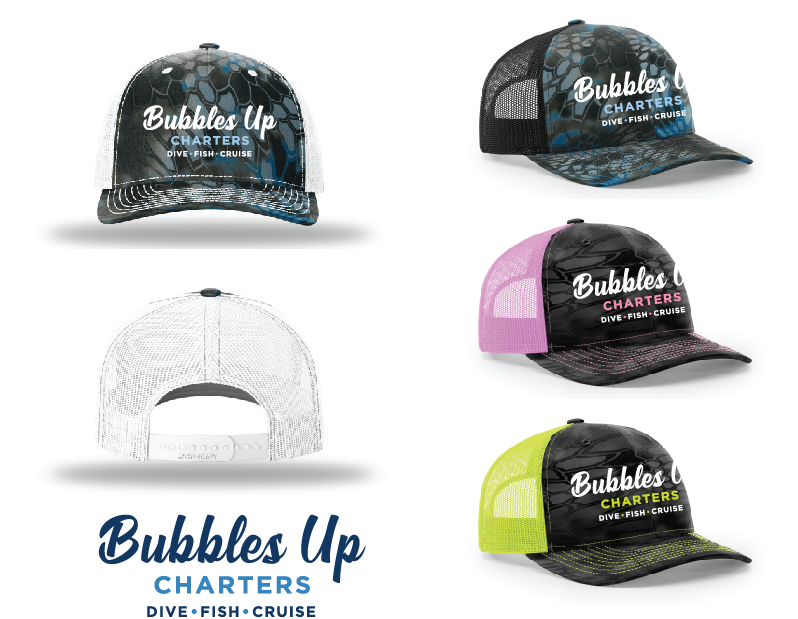 4 styles of trucker hats. White,Black,Neon pink. Neon yellow.
With the Bubbles Up embroidary across the front